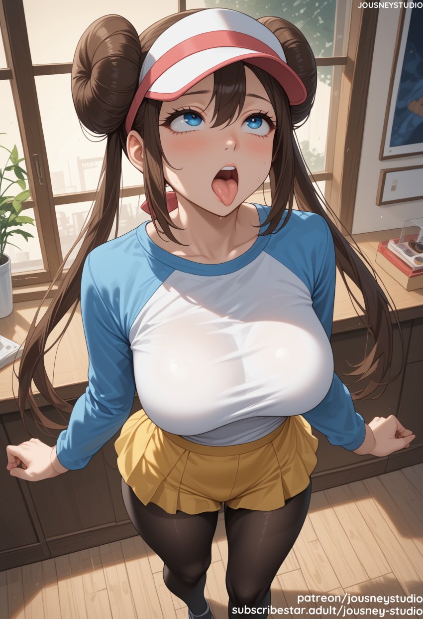 ahe_gao ai_generated alternate_breast_size bangs black_legwear black_pantyhose blue_eyes blush breasts brown_hair clothing collarbone double_bun female female female_only from_above hair_between_eyes hair_bun indoors jousneystudio large_breasts legwear long_hair long_sleeves looking_up nintendo open_mouth oral_invitation pantyhose plant poke_ball_print pokemon pokemon_(game) pokemon_black_2_&_white_2 pokemon_character potted_plant protagonist_(pokemon) raglan_sleeves rolling_eyes rosa_(pokemon) shirt shorts sidelocks skirt solo standing teeth thighs tongue tongue_out twintails visor_cap white_shirt window yellow_shorts yellow_skirt