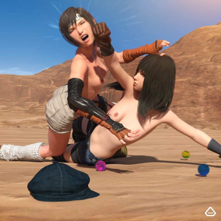 2girls 3d 3d_model anoral belly catfight desert fight fighting final_fantasy final_fantasy_vii kyrie_canaan long_hair punch short_hair small_breasts thighs topless yuffie_kisaragi yuri