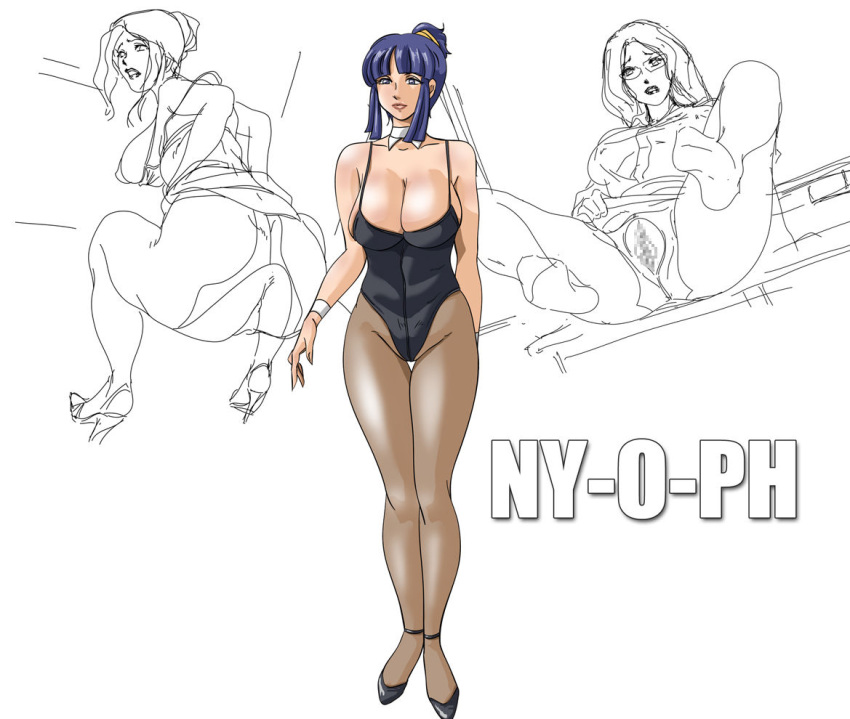 blue_eyes blue_hair breasts censored hair high_heels large_breasts ny-o-ph pantyhose