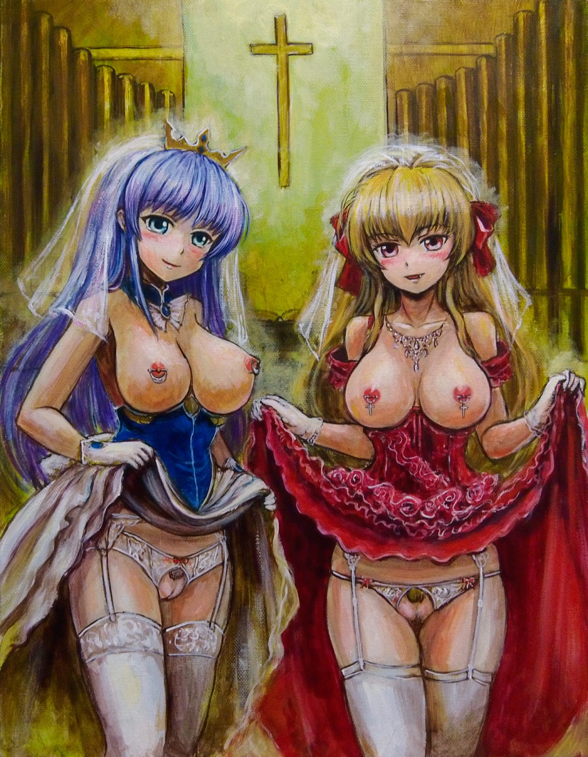 2girls blonde_hair blue_eyes blue_hair blush breastless_clothes breasts crossover crotchless crotchless_panties crown feena_fam_earthlight female fortune_arterial long_hair looking_at_viewer multiple_girls nipple_piercing nipples open_mouth panties piercing pubic_hair pussy red_eyes sendou_erika smile standing thighhighs uncensored yoake_mae_yori_ruri_iro_na