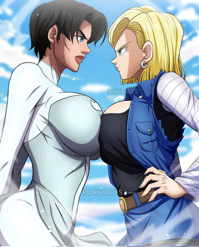 2girls akiman_pose alternate_version_at_patreon android_18 anissa anissa_(invincible) big_boobs big_breasts black_hair black_hair_female blonde blonde-haired_female blonde_female blonde_hair blonde_hair_female boobs breasts clothed clothed_female corrupted_twitter_file crossover dragon_ball dragon_ball_z eastern_and_western_character female female_focus female_only invincible large_boobs large_breasts light-skinned_female light_skin rakkarts