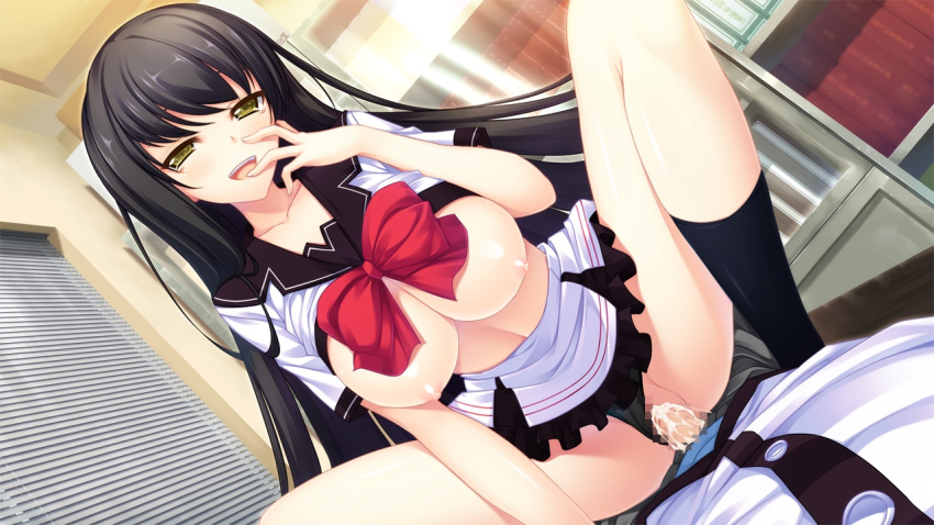 ageki_chikage black_hair breasts censored cowgirl_position cum cum_in_pussy female game_cg large_breasts long_hair lovesick_puppies naughty_face nipples open_mouth pussy rozen5 sex straddle vaginal_penetration yellow_eyes