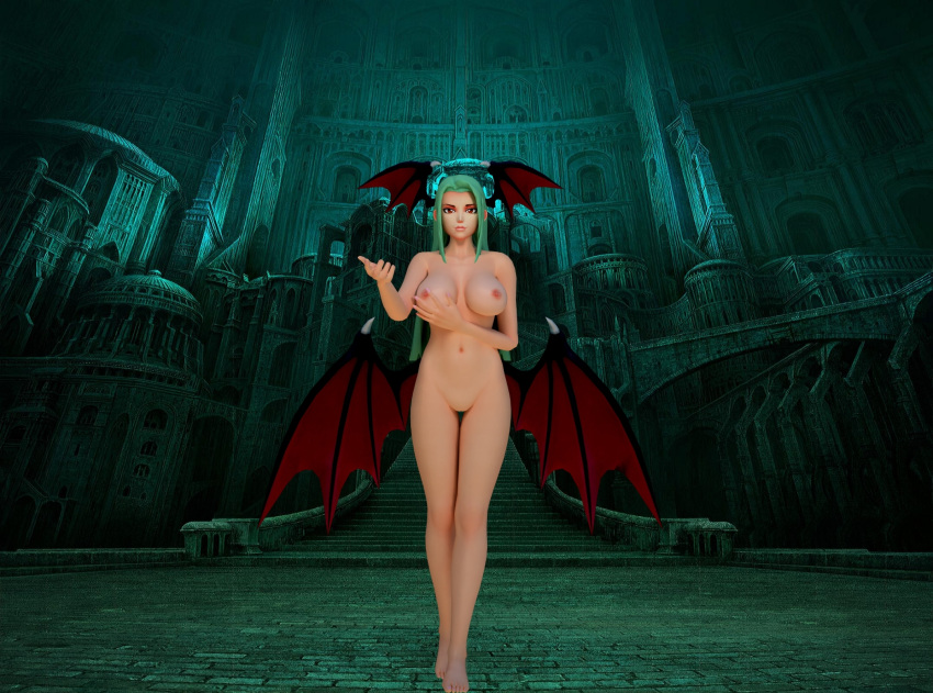 3d areolae bat_wings breasts come_hither darkstalkers dukenukemnever female head_wings hip_wings legs medium_breasts morrigan_aensland navel nipples nude shaved_pussy solo succubus wings