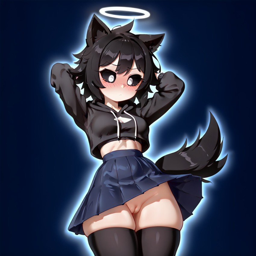 ai_generated black_hair black_hoodie black_sclera black_thigh_highs black_thighhighs blue_skirt crop_top genderbend hairless_pussy midriff red_spirit skirt skirt_lift thick_thighs thighhighs tight_pussy white_eyes white_iris wind_lift wolf_ears wolf_girl wolf_tail