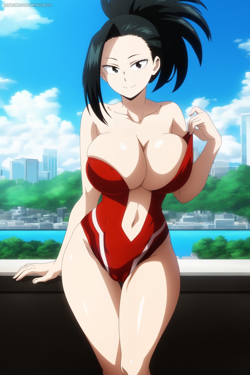 ai_generated artkoikoi big_breasts boku_no_hero_academia breasts huge_breasts koikoi leotard leotard_aside momo_yaoyorozu momo_yaoyorozu_(hero_outfit) my_hero_academia smiling standing teasing yaoyorozu_momo yaoyorozu_momo_(hero_outfit)