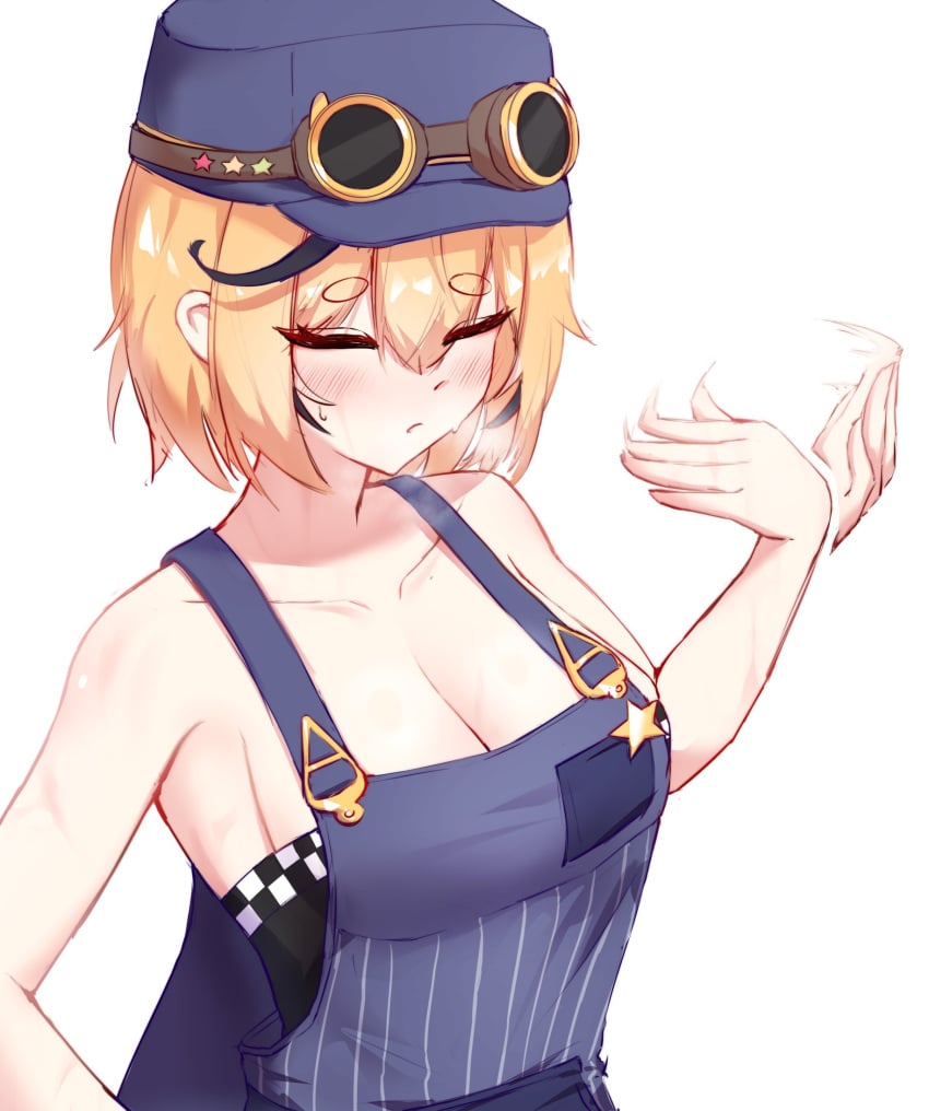 black_highlights black_shirt blonde_hair blush bra cgator cleavage closed_eyes conductor_hat conductor_uniform dooby3d gloves goggles green_eyes indie_virtual_youtuber jerboa jerboa_humanoid plain_background sideboob star virtual_youtuber waving_hand