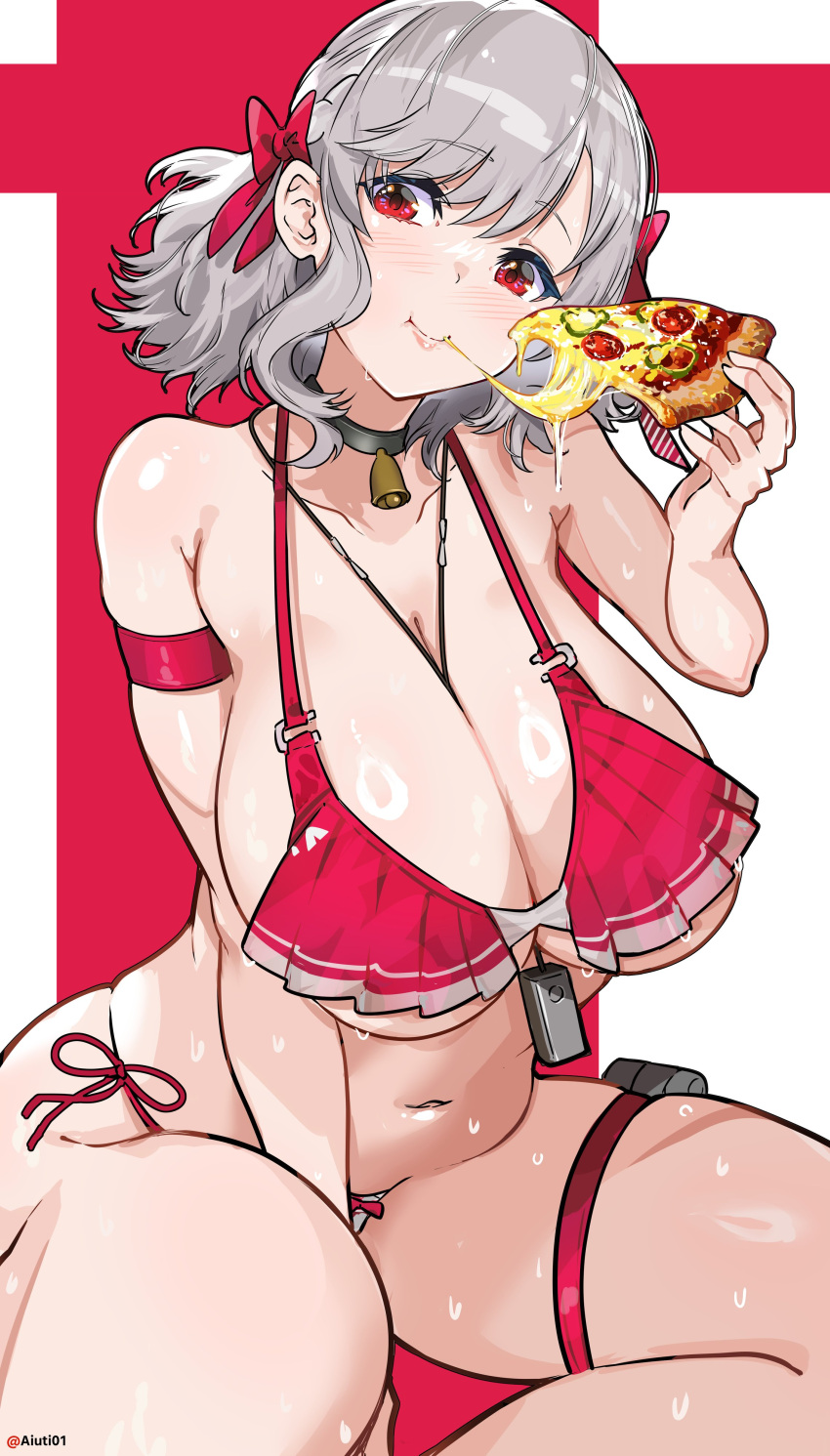 1girls aiuti bikini food huge_breasts looking_at_viewer pizza smile tagme thick_thighs thigh_strap