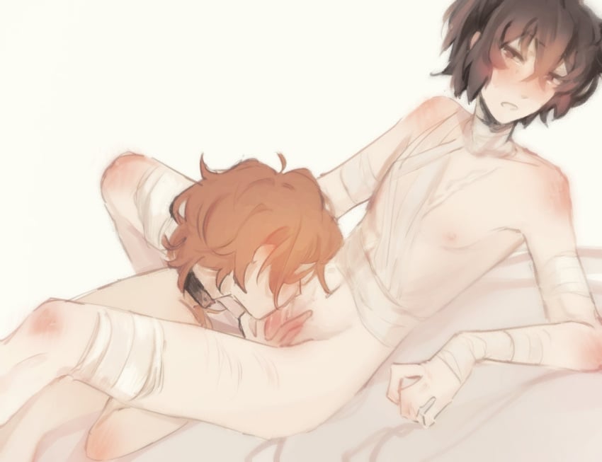 2boys 2male 2males 2men bandage bandaged_arm bandaged_neck bandages black_choker blowjob blowjob_only blush boy boys brown_eyes brown_hair bsd bungo_stray_dogs bungou_stray_dogs choker chuuya_nakahara couple dazai_osamu duo duo_focus duo_male laying_back looking_at_partner looking_down male male/male male_focus male_only males males_only nakahara_chuuya oral oral_penetration oral_sex osamu_dazai pale-skinned_male pale_skin penis_suck red_hair redhead scar scars scars_on_thighs skinny soukoku sucking sucking_penis thin thin_male