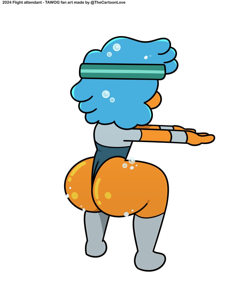 back_view big_ass big_butt blue_hair body_fluids cartoon_network fitness flight_attendant_(the_amazing_world_of_gumball) leotard orange_skin squatting squatting_position the_amazing_world_of_gumball the_cartoon_love tight_clothing tight_dress workout workout_clothes workout_clothing