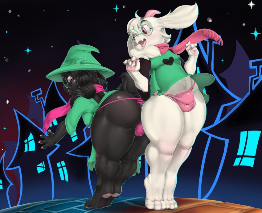 anthro ass balls_outline big_butt black_body black_fur boss_monster_(undertale) bulge clothing deltarune detailed_bulge duo eyewear femboy fur genital_outline glasses hamili hat headgear headwear hi_res male nipples panties ralsei thick_thighs thong undertale_(series) underwear wearing_glasses white_body white_fur