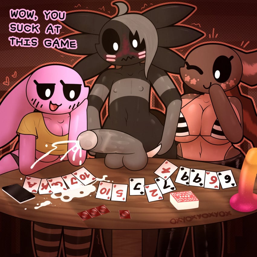 axolotl blush bunny_girl cinnamon_(oxyoxyoxyox) cum embarrassed female femboy huge_cock hung_trap leaking_cum licorice_(oxyoxyoxyox) marshmallow_(oxyoxyoxyox) oxyoxyoxyox strip_poker