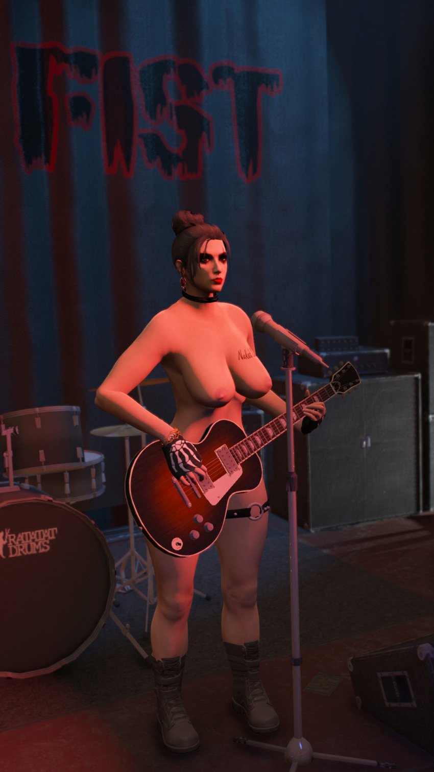 1girls 3d 3d_(artwork) black_hair boots boots_only breasts casual collar completely_naked completely_naked_female completely_nude completely_nude_female exhibitionism exhibitionist female female_focus female_only footwear gloves gloves_and_boots_only grand_theft_auto_online grand_theft_auto_v guitar hair_bun handwear human kemikarugaru looking_at_viewer makeup microphone naked naked_boots naked_female naked_footwear naked_in_public nipples nude nude_female nude_in_public nudism nudist nudity pale_skin public_nudity red_lipstick scene slut solo tattoo tattoo_on_chest