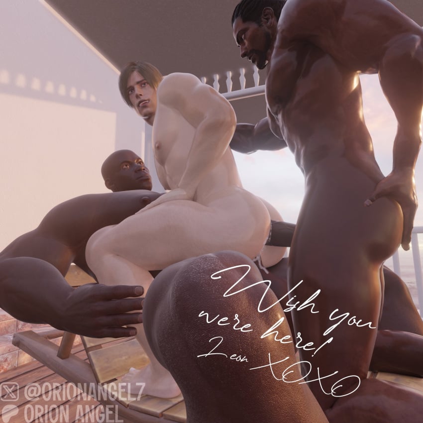 3d blacked_male bottom_on_top capcom cum_inside cumming_together dark-skinned_male dark_skin double_penetration gay gay_sex gay_threesome interracial interracial_sex leon_scott_kennedy light-skinned_male male/male/male melanin muscles muscular muscular_male orionangel7 resident_evil riding_penis yaoi