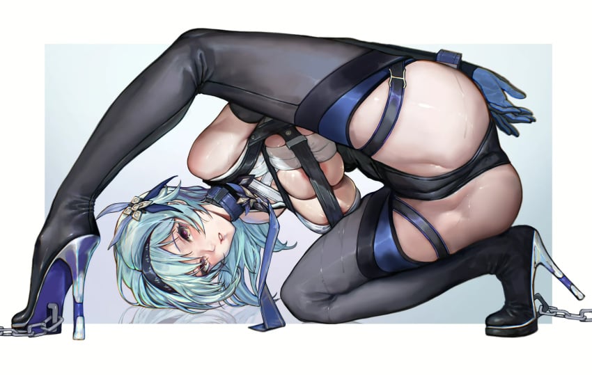 1girls areola_slip areolae arms_behind_back arms_restrained ass barely_contained blue_hair blush bondage boots breasts cameltoe chains eula_(genshin_impact) female female_focus female_only genshin_impact hairband heeled_boots heels hi_res high_heel_boots high_heels highres iuui looking_at_viewer medium_hair mihoyo purple_eyes restrained simple_background solo solo_female sweat sweaty_body thick_thighs thigh_boots thigh_strap thighs tied_down white_background