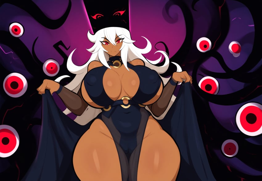 ai_generated black_clothing cameltoe celestial_dragon covered_nipples crown curvy dark-skinned_female dark_skin evil expressionless female female_only hear_me_out huge_breasts hypothetical imu_(one_piece) large_breasts mature mature_female mullon multi_eye novelai one_piece pelvic_curtain queen red_eyes see-through solo tenryuubito thick_thighs voluptuous voluptuous_female white_hair