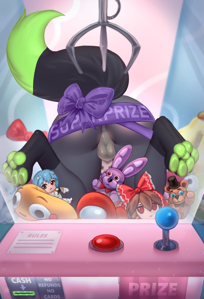 accessory among_us animal_genitalia animal_penis anthro anus ass balls bent_legs blush body_blush bonnie_(fnaf) bow_ribbon butt_blush canid canine claw_machine faceless_character faceless_male five_nights_at_freddy's fluffy fluffy_tail freddy_(fnaf) fur furgonomics genitals glistening glistening_pawpads green_pawpads grey_body grey_fur hi_res innersloth joystick male mammal mika-van-blight neon_genesis_evangelion pawpads penis perineum plushie purple_ribbon raised_tail rear_view rei_ayanami ribbons scottgames solo tail tail_accessory tail_ribbon text toy upside-down