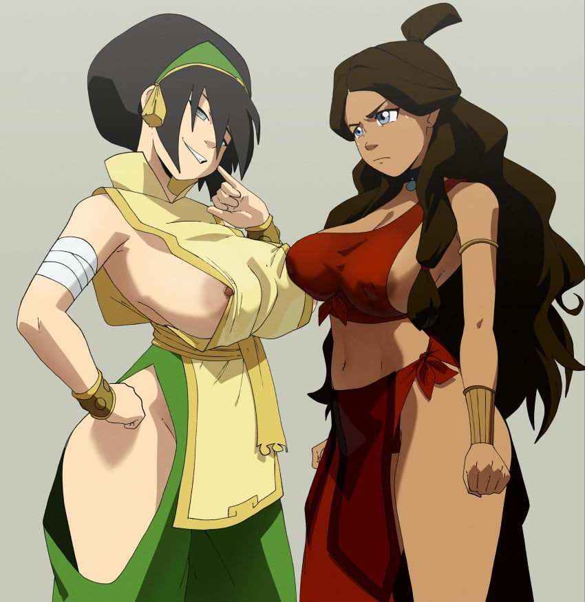 2girls alternate_breast_size alternate_costume annoyed avatar_legends avatar_the_last_airbender big_breasts blind breast_envy breasts busty drpizzaboi1 earth_kingdom female female_only fire_nation_clothing grin huge_breasts human inker_comics inkershike katara large_breasts multiple_girls no_bra official_alternate_costume smug smug_face smug_grin thick_thighs thighs toph_bei_fong water_tribe