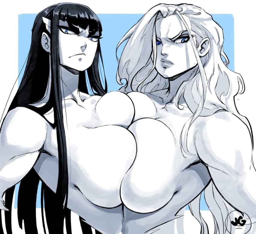 2girls angry angry_expression angry_face big_breasts black_hair blue_eyes breasts breasts_out breasts_pressed_together collarbone completely_naked completely_naked_female completely_nude completely_nude_female female female_only frown fullmetal_alchemist jgeorge jgeorgedrawz kill_la_kill kiryuuin_satsuki light-skinned_female light_skin line_art lips long_hair looking_at_viewer naked naked_female no_bra nude nude_female olivier_mira_armstrong shaded simple_background watermark