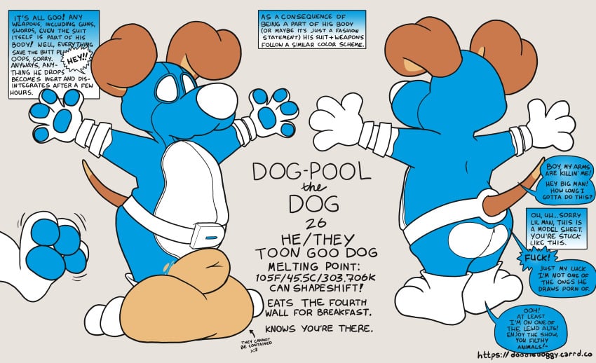 absurd_res animal_genitalia balls big_balls big_sheath blue_clothing canid canine canis clothing dog-pool domestic_dog doodledoggy english_text genitals goo_creature hi_res huge_balls huge_sheath hyper hyper_balls hyper_genitalia hyper_sheath latex latex_clothing latex_skinsuit mammal model_sheet sheath skinsuit spandex spandex_suit text tight_clothing toony