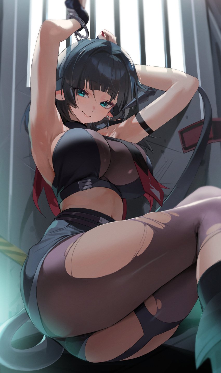 1girls absurdres animal_ears aqua_eyes arm_strap armpits arms_up bare_shoulders black_hair blush bondage breasts choyeon closed_mouth cuffs female handcuffs highres jane_doe_(zenless_zone_zero) large_breasts looking_at_viewer mouse_ears navel pantyhose purple_pantyhose red_hair red_nails restrained sitting smile thighs torn_clothes torn_pantyhose zenless_zone_zero