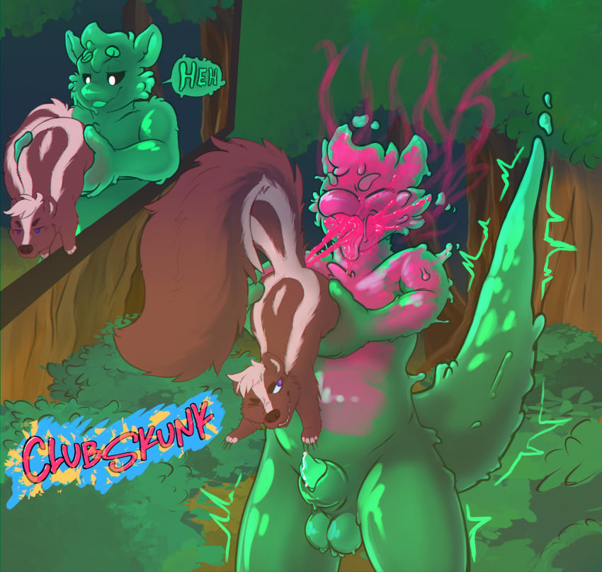 absurd_res action_line animal_genitalia anthro background_shot cass_(clubskunk) claws clubskunk dialogue dialogue_box feral filled_belly fink_(farfetchedfink) forest forest_background genitals goo_creature hi_res highlights_(coloring) invalid_color mammal mephitid mephitidae nature nature_background outside penis plant pupils purple_eyes shape_shifter sheath skunk skunk_spray slime speech_bubble spray spraying spraying_in_mouth spraying_on_face stink_fumes stink_lines toe_claws translucent translucent_body tree white_pupils