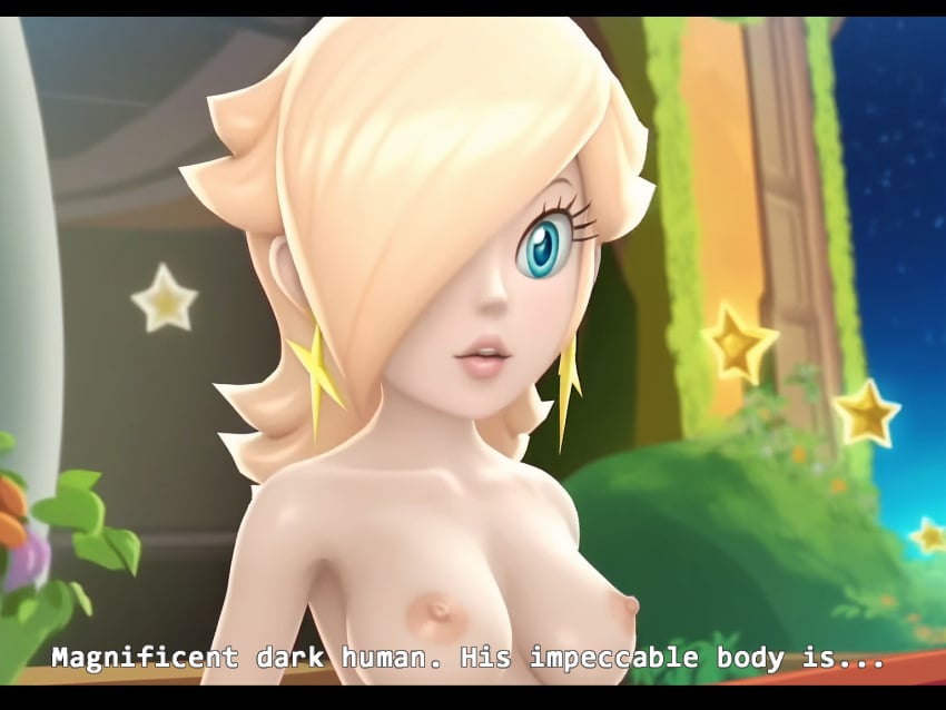 ai_generated breasts caption crown edit female garden letterbox mario_(series) nintendo nipples nude official_style princess_rosalina space stable_diffusion