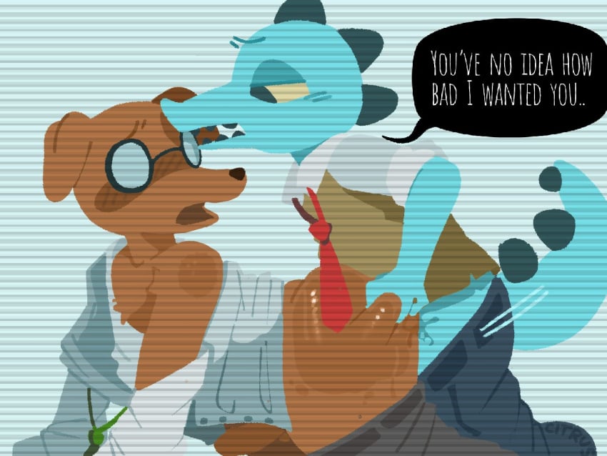 4:3 anthro anthro_penetrated ass blush bodily_fluids bottomwear bottomwear_down butt_grab canid canine clothed clothing crocodile crocodilian crocodylid dialogue duo electronics eyewear freakycitrus garbo_(nitw) glasses hand_on_butt looking_down male male/male malloy_(nitw) mammal necktie night_in_the_woods pants pants_down partially_clothed penetration reptile scales scalie sweat sweaty_butt tail television tv_lighting