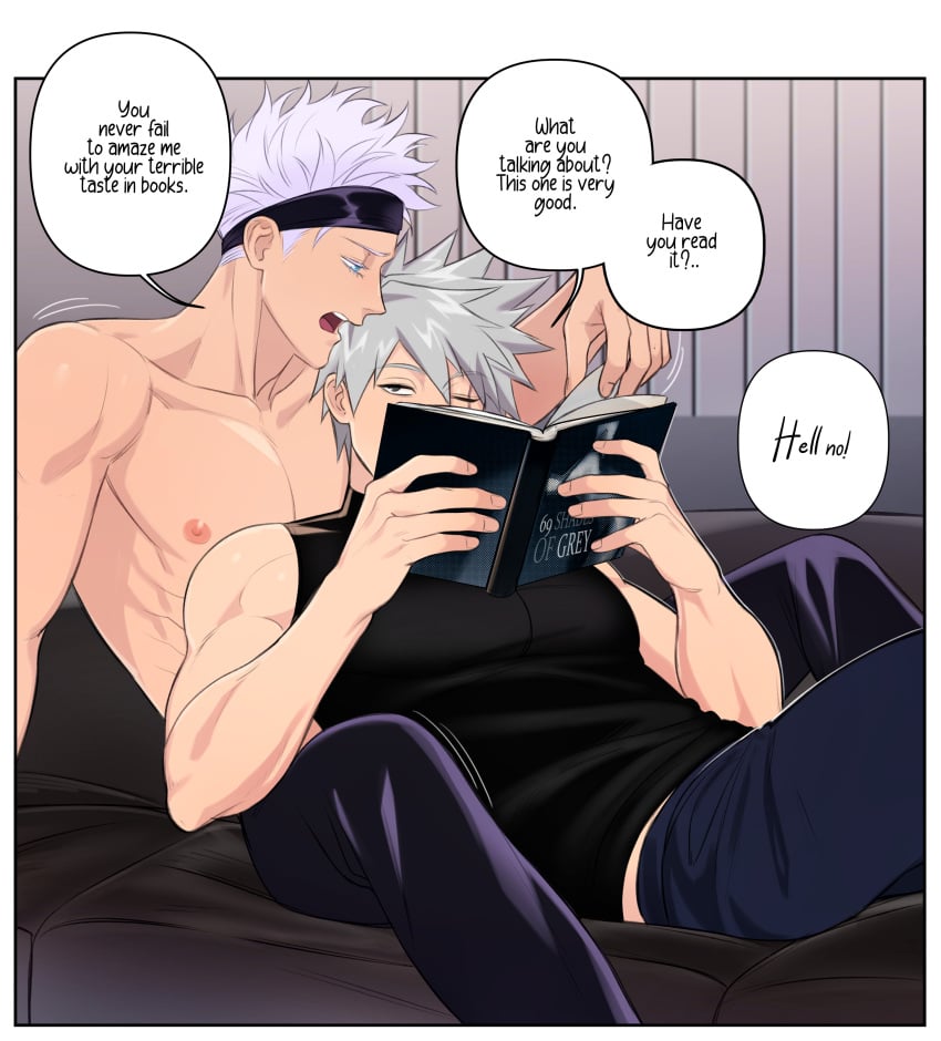 2boys before_anal before_sex black_eyes blue_eyes book crossover dialogue english_text gay grey_hair half-dressed half_naked hatake_kakashi jujutsu_kaisen looking_at_partner male male/male muscular muscular_male naruto naruto_(series) nipples pecs pectorals riffraff riffraffhellyea satoru_gojo scar shirtless shirtless_male sofa speech_bubble white_hair yaoi