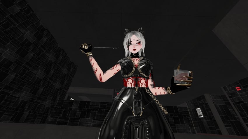 alcohol alcoholic_drink dominant_female dominatrix femdom holding_whip strap-on vrchat vrchat_avatar