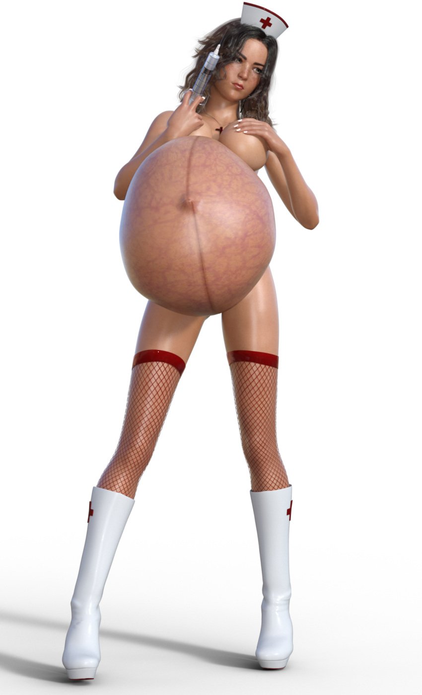 1girls 3d belly big_belly breasts disproportional female fishnets linea_nigra nipples nurse nurse_cap outie_navel pregnant solo tnt-3d veiny_belly