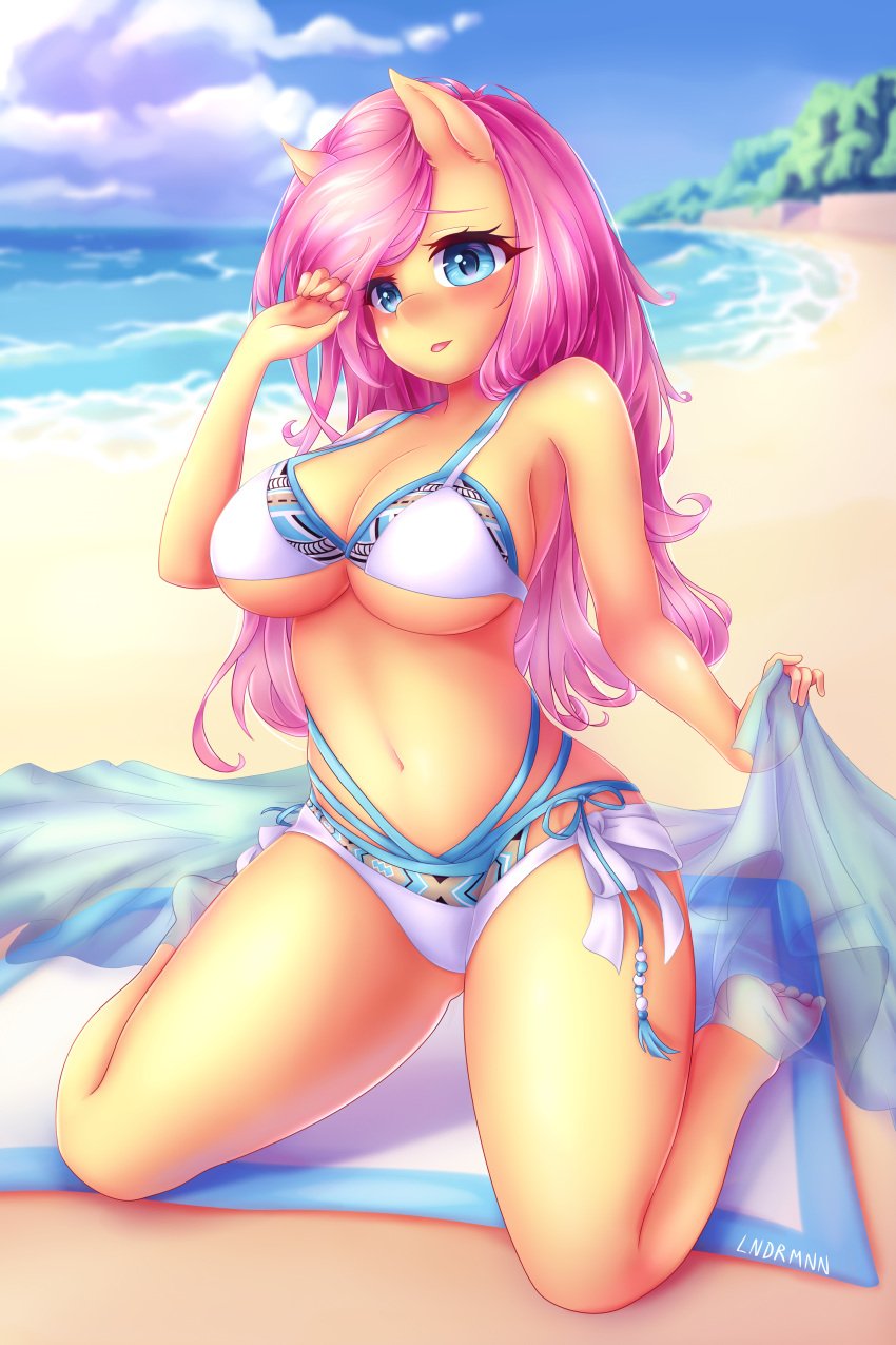 anthro beach belly big_breasts bikini blushing breasts busty clothes cloud cute derpibooru ear feet female fluttershy_(mlp) kneeling large_breasts lndrmnn looking_at_viewer ocean png sand sky solo suggestive swimsuit underboob water