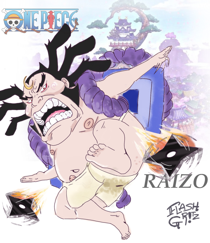 anime black_hair chubby chubby_male fat fat_belly fat_man feet flashgritz fully_body fully_clothed fully_clothed_male japanese japanese_clothes japanese_male male male_only ninja ninja_star one_piece one_piece_wano raizo solo solo_focus underwear