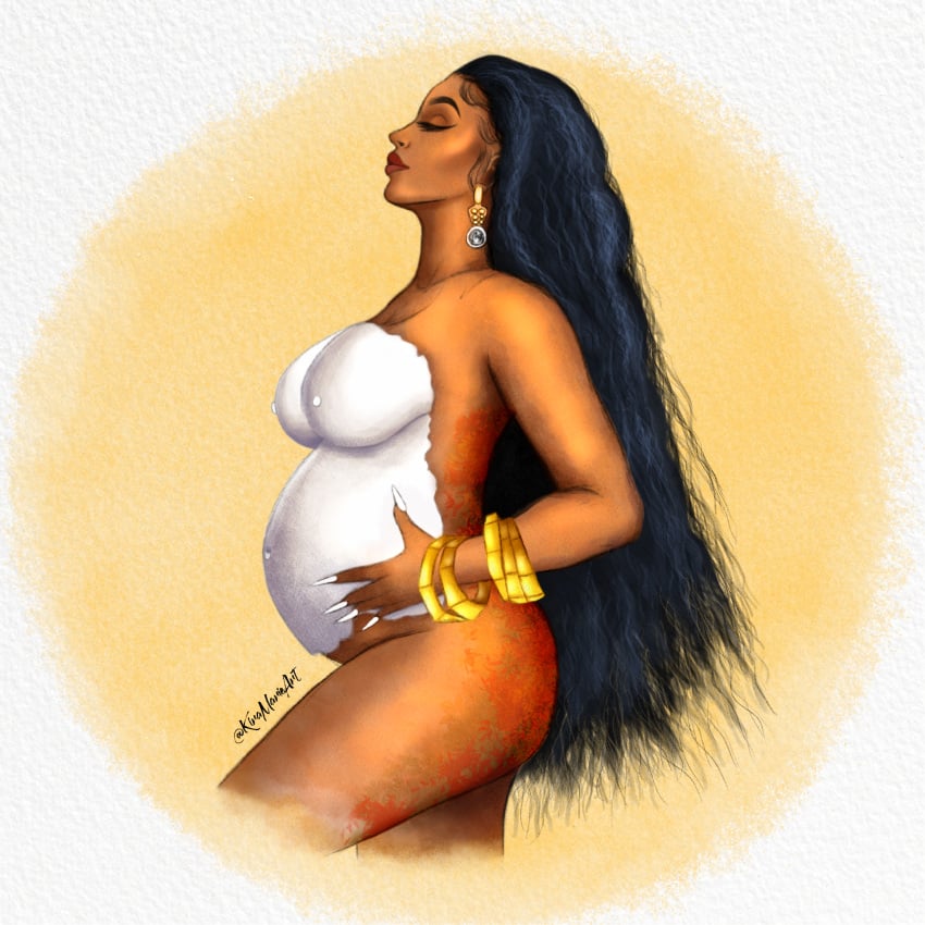 1girls artistic_nude belly belly_cast big_belly big_breasts black_hair breasts cardi_b celebrity closed_eyes dark-skinned_female dark_skin earrings female kiramarieart nipple_outline pregnant real_person solo solo_female tasteful_nudity