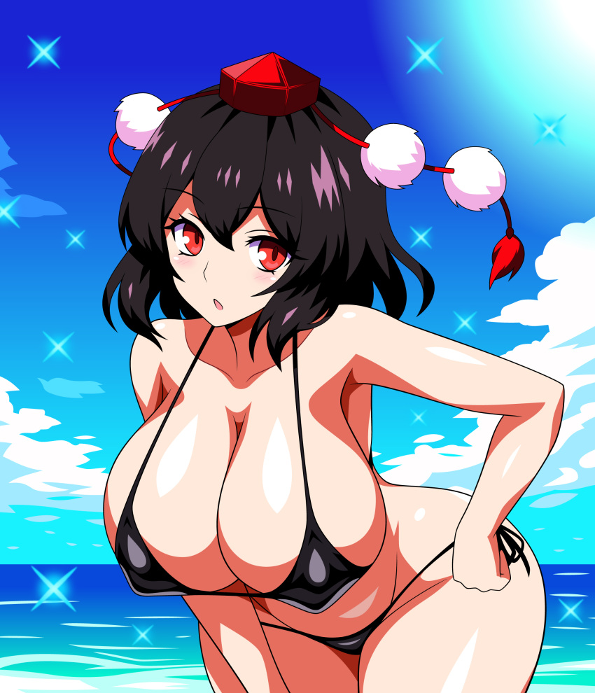 1girls 2d bare_shoulders beach bending_forward big_breasts bikini bikini_only black_hair blush breasts cleavage day female hat hips looking_at_viewer nipple_bulge nipples open_mouth outdoors pom_poms red_eyes shameimaru_aya shiny_skin short_hair solo source ssaf ssaf52913778 ssaf_seibeupail standing swimwear swimwear_only tengu tokin_hat touhou water wide_hips