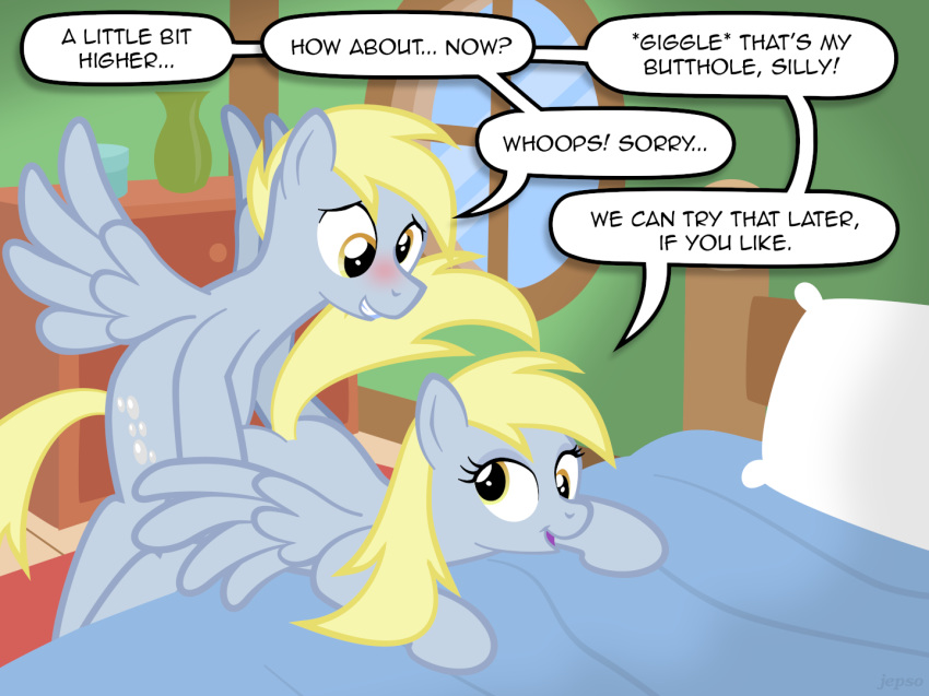 amber_eyes bed blonde_hair blush derpy_hooves dialog dopey_hoof_(mlp) equine female friendship_is_magic grey_fur hair horse jepso male my_little_pony pegasus pillow pony rule_63 selfcest sex straight text vase window wings