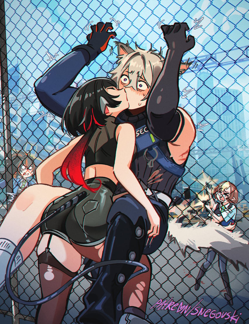 1boy 1girls against_fence animal_ears assertive_female carrying_partner catboy chainlink_fence femdom gentle_femdom jane_doe_(zenless_zone_zero) kissing lifting_person male male/female malesub mouse_girl outdoors seth_lowell skindentation small_dom_big_sub snegovski tagme thick_thighs zenless_zone_zero zettai_ryouiki zhu_yuan