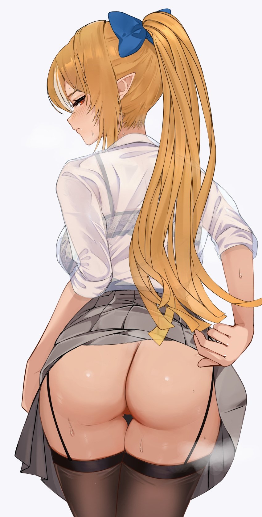 1girls ass ass_focus black_bra black_thighhighs blush bra bra_visible_through_clothes breasts elf female_only from_behind garter_straps grey_skirt hi_res hololive large_breasts lifted_by_self long_hair looking_at_viewer looking_back no_panties pleated_skirt pointy_ears ponytail school_uniform see-through shiranui_flare simple_background skirt skirt_lift solo solo_female streaked_hair sweat thigh_gap thighhighs tomo0843 virtual_youtuber white_background white_hair white_shirt