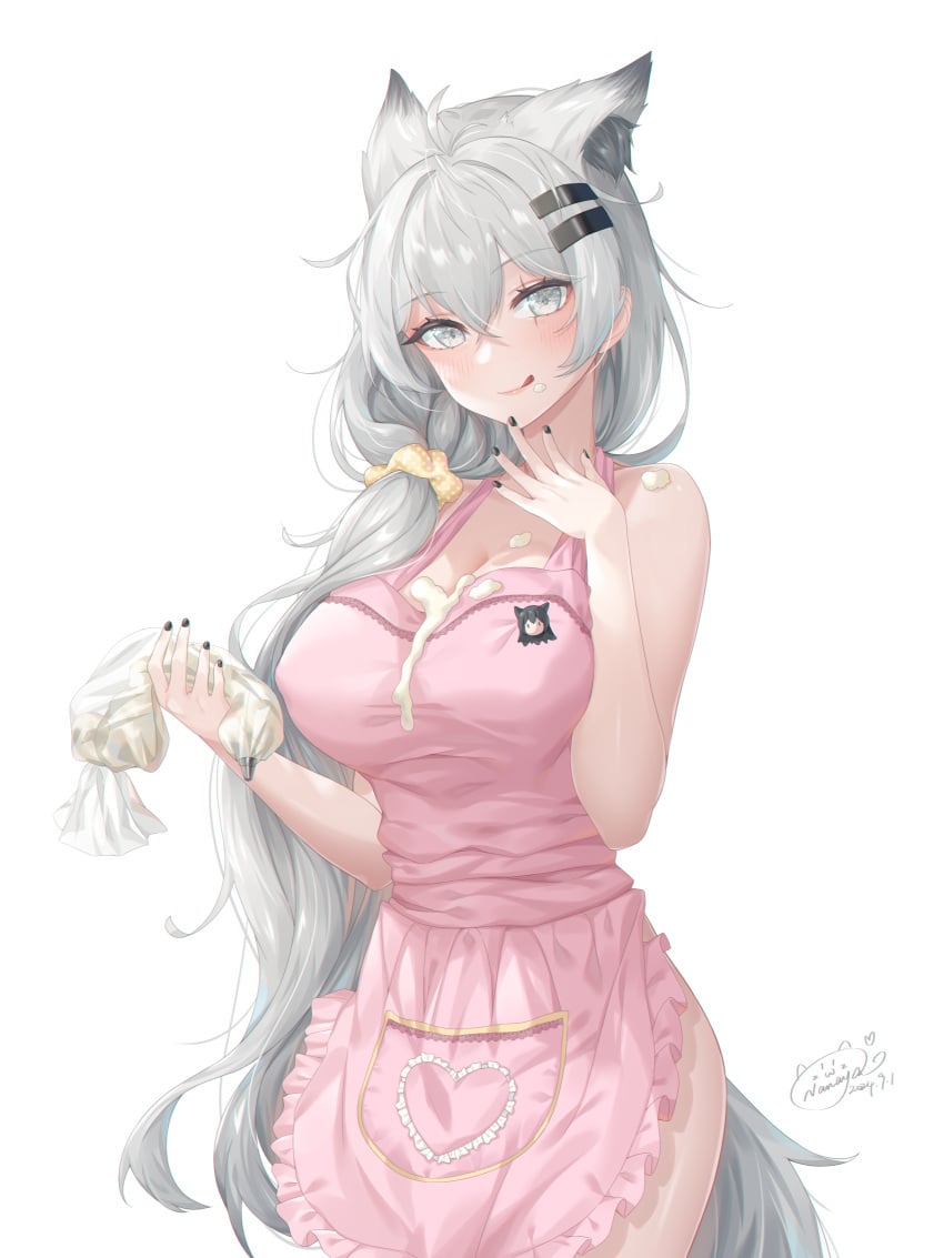 2024 alternate_breast_size animal_ears apron apron_only arknights bare_shoulders big_breasts blush breasts cream cute hair_between_eyes hair_ornament hi_res kemonomimi kitchen_utensils lappland_(arknights) long_hair looking_at_viewer nail_polish nanaya_journey simple_background smile standing tail upper_body white_background white_hair wife wolf_ears wolf_girl wolf_tail