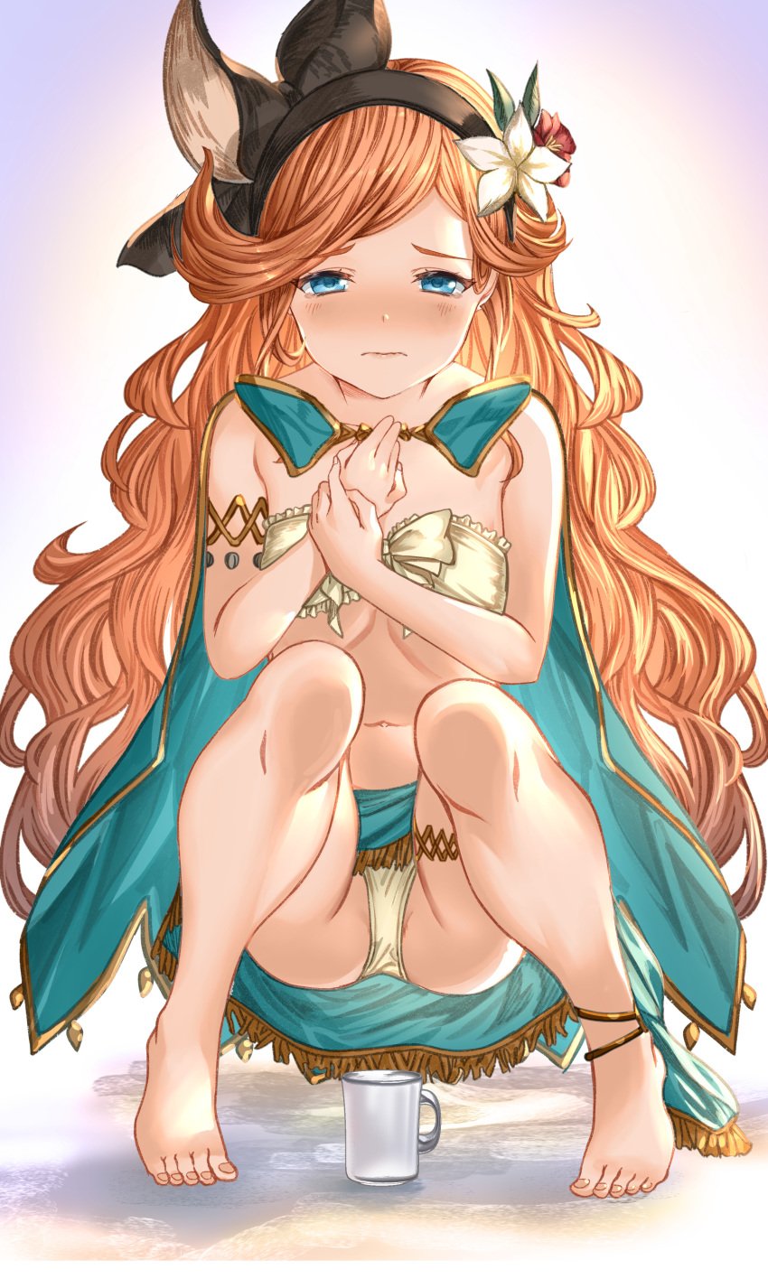 absurdres aldehyde barefoot black_hairband blue_eyes blush closed_mouth commentary_request cup feet female flower granblue_fantasy hair_flower hair_ornament hairband highres long_hair looking_at_viewer navel orange_hair panchira panchira_(squatting) panties sara_(granblue_fantasy) solo squatting toenails toes underwear yellow_panties