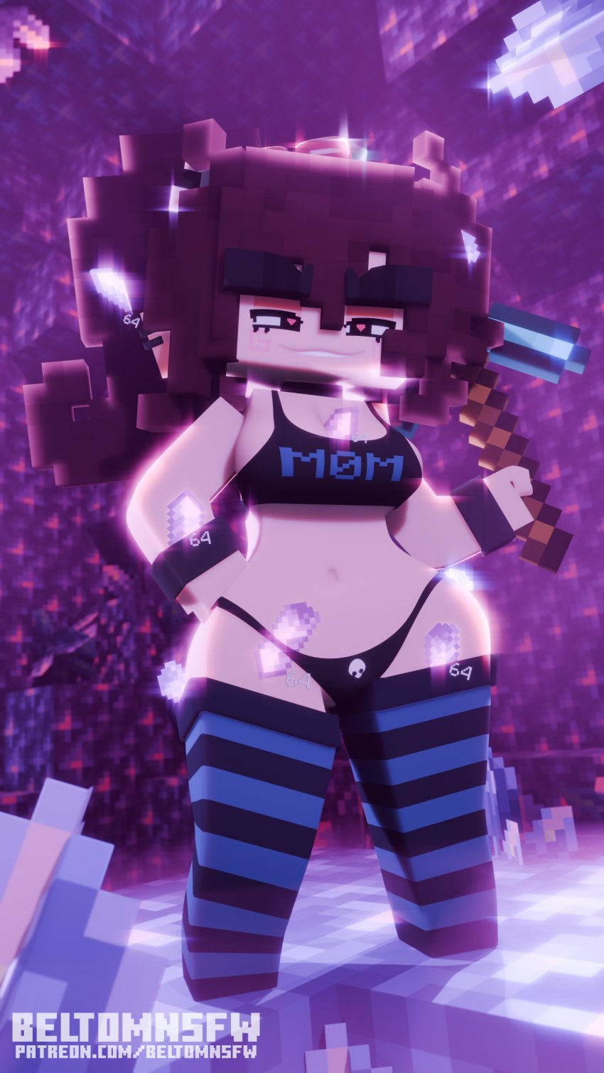 1girls 3d belly_button beltomnsfw big_breasts black_eyebrows black_eyes blender brown_hair detailed_background ear_piercing female femscrub_(somescrub) heart-shaped_pupils microsoft mine-imator minecraft minecraft_xxx partially_clothed partially_clothed_female partially_nude pickaxe pink_eyes pleasure_face smiling smug smug_face square_head tagme text watermark