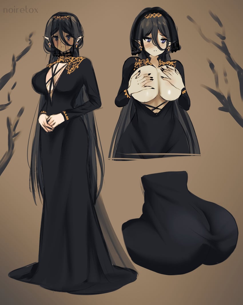 1girls absurd_res ass black_hair blue_eyes breasts breasts_out cleavage covering_breasts covering_privates dress earrings elf hi_res jewelry long_dress nail_polish noiretox original pointy_ears solo veil