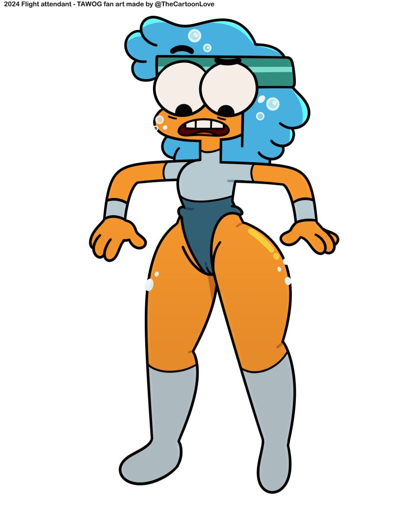 blue_hair body_fluids cartoon_network confused flight_attendant_(the_amazing_world_of_gumball) front_view leotard orange_skin the_amazing_world_of_gumball the_cartoon_love thick_hips tight_clothes tight_clothing workout_clothes workout_clothing