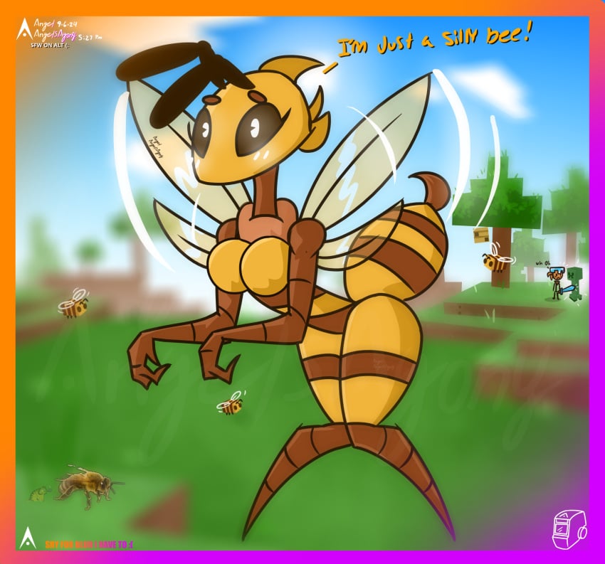 agonywelds angelsagony antennae anthro ass bee bee_girl big_breasts blush breasts glowing_eyes honey_bee insects looking_at_viewer minecraft stinger stripes text thick_ass thick_thighs thighs wide_hips wings