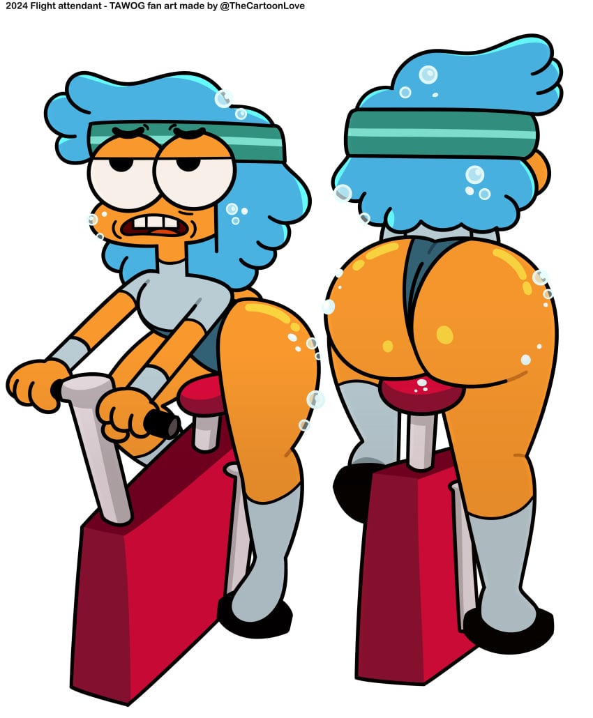 ass_focus back_view big_ass big_butt bike blue_hair body_fluids cartoon_network clothed clothing exhausted flight_attendant_(the_amazing_world_of_gumball) leotard orange_skin the_amazing_world_of_gumball the_cartoon_love tight_clothes tight_clothing workout workout_clothes