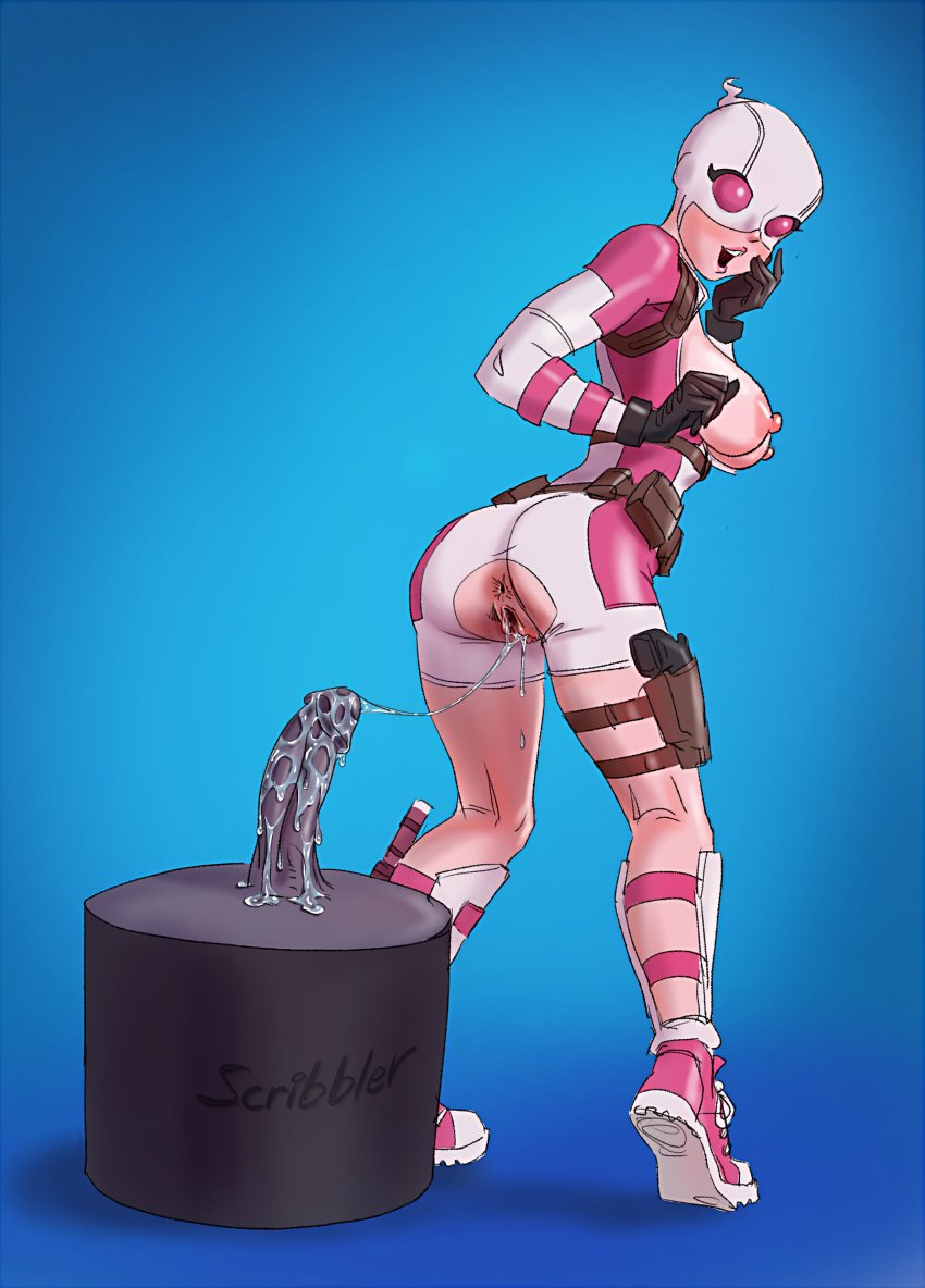 2d big_breasts breasts breasts_out busty crotchless dildo dildo_reveal dildo_sitting female female_focus female_only fortnite fortnite:_battle_royale gwen_poole gwenpool gwenpool_(fortnite) hourglass_figure marvel marvel_comics pussy_juice pussy_juice_drip pussy_juice_string rear_view scribbler sitting tagme wide_hips