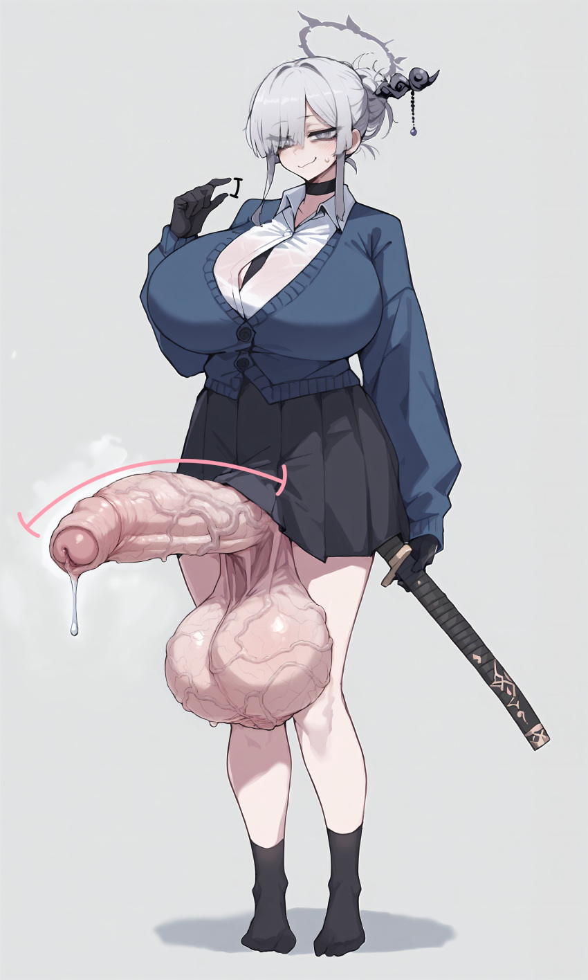 ai_generated balls breasts erection flappytsk futa_only futanari huge_cock itokonoue_kaoru looking_at_viewer penis precum project_kv size_comparison size_difference solo white_hair