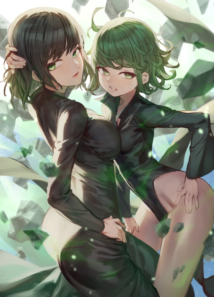 2girls ass black_dress black_hair breasts curly_hair curvy dress esper_sisters female fubuki_(one-punch_man) green_eyes green_hair highres large_breasts long_sleeves looking_at_viewer multiple_girls one-punch_man pelvic_curtain rock shiny_skin short_hair siblings sisters small_breasts smile tatsumaki telekinesis thighs wide_hips