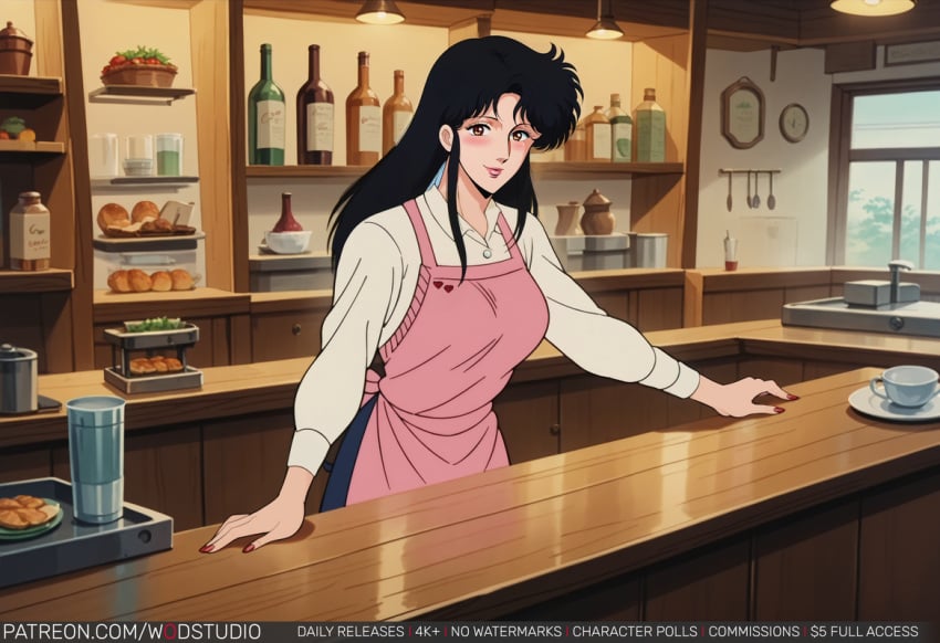 ai-created ai_generated apron black_hair blush bottle breasts brown_eyes cake cat's_eye clothing counter cup female food indoors jewelry kisugi_hitomi kitchen long_hair looking_at_viewer mature mature_female nail_polish plate shirt smile solo white_shirt window wodstudio