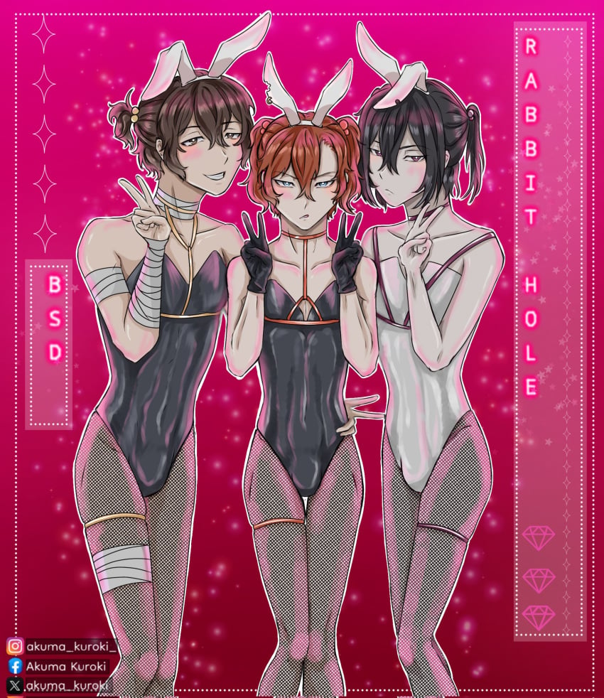 3boys 3males akuma_kuroki bandage bandaged_neck black_bunnysuit black_hair blue_eyes blush boy boys brown_eyes brown_hair bsd bulge bulge_through_clothing bungo_stray_dogs bungou_stray_dogs bunny_boy bunny_costume bunny_ears bunnyboy bunnysuit chuuya_nakahara cold_stare color colored dark_hair dazai_osamu fishnets flirting frown fyodor_dostoevsky fyozai gold_band hand_on_hip hand_on_waist hip_grab leotard light_blush long_hair male male_only males males_only multiple_boys nakahara_chuuya no_sex osamu_dazai pantyhose peace_sign pigtails ponytail purple_eyes red_hair redhead skinny skinny_male smile soukoku standing standing_up thin thin_male tights white_bunnysuit