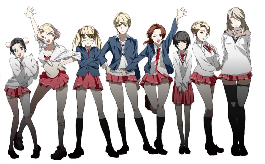 6+girls america_(hetalia) axis_powers_hetalia bad_id bad_pixiv_id black_hair blazer blonde_hair brown_hair china_(hetalia) double_bun france_(hetalia) genderswap_(mtf) germany_(hetalia) green_eyes hair_bun hakase jacket japan_(hetalia) lineup multiple_girls necktie northern_italy_(hetalia) rule_63 russia_(hetalia) school_uniform sfw short_hair skirt thighhighs twintails united_kingdom_(hetalia) world_w_academy_school_uniform